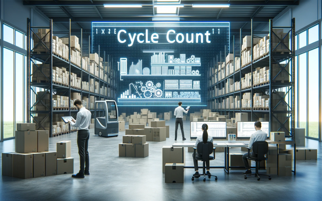 Interior of a modern, well-lit warehouse dedicated to 'Cycle Count' inventory management. The space is organized and free of any desks, tables, or computer equipment. It features workers using handheld scanners among tall shelves stocked with boxes of various sizes and colors. The setting emphasizes an efficient and technologically advanced inventory process, with the term 'Cycle Count' prominently displayed and correctly spelled