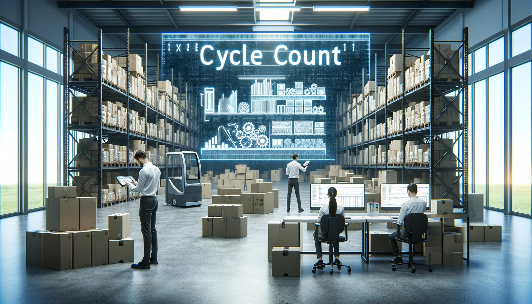 Interior of a modern, well-lit warehouse dedicated to 'Cycle Count' inventory management. The space is organized and free of any desks, tables, or computer equipment. It features workers using handheld scanners among tall shelves stocked with boxes of various sizes and colors. The setting emphasizes an efficient and technologically advanced inventory process, with the term 'Cycle Count' prominently displayed and correctly spelled