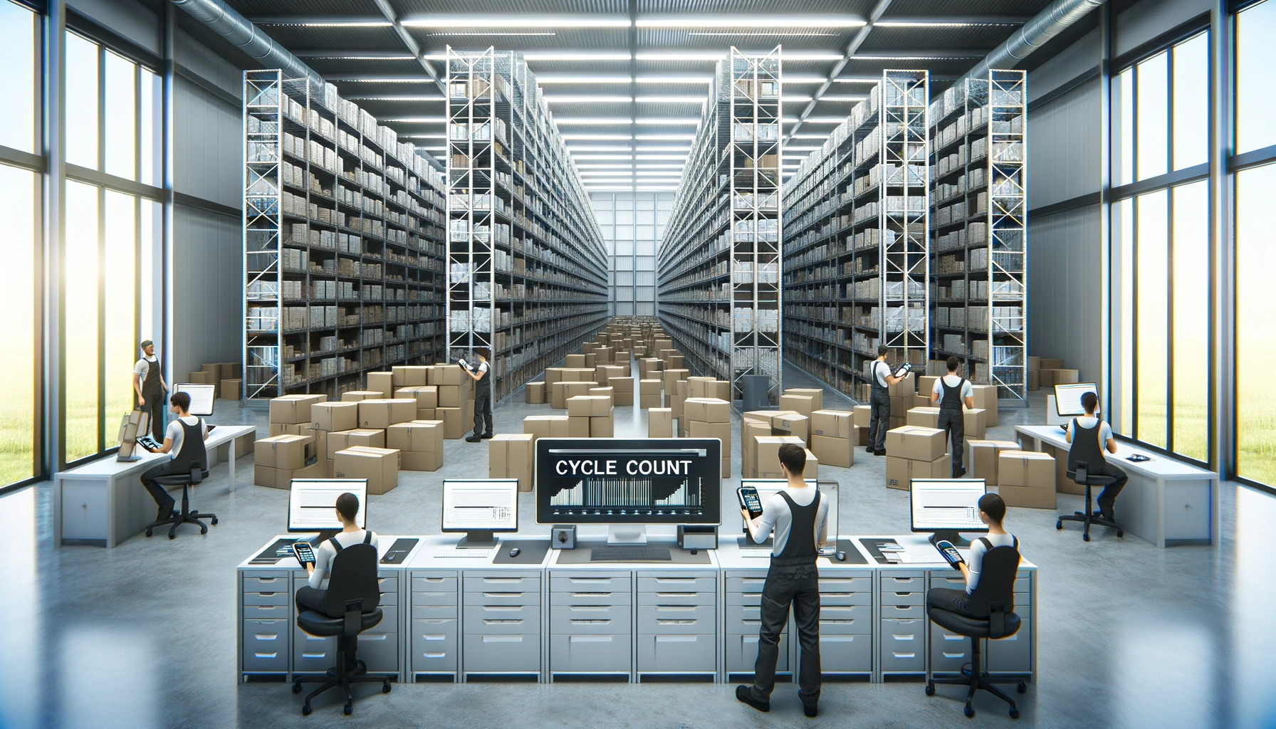 Modern warehouse interior highlighting 'Cycle Count' inventory control. The scene shows a different layout with workers using scanners among well-organized shelves packed with various-sized boxes, emphasizing a technology-driven approach to inventory management. The term 'Cycle Count' is prominently displayed