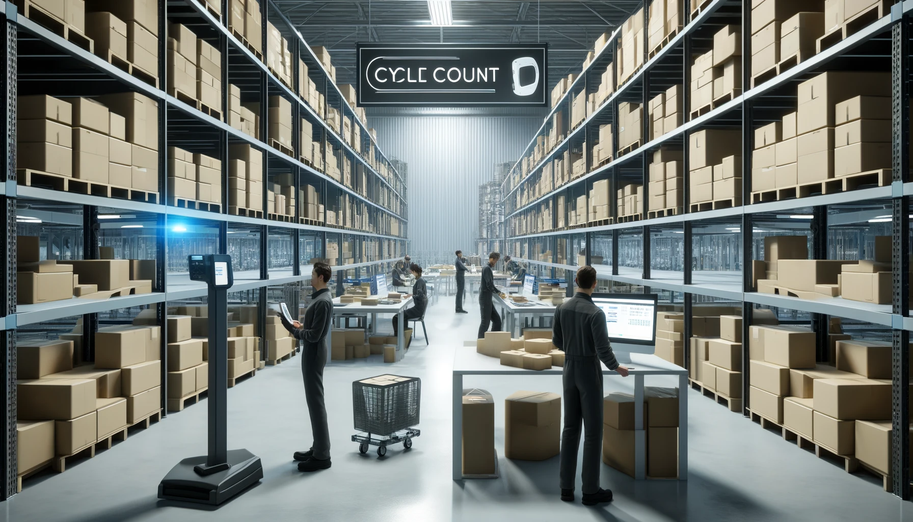 Interior of a modern warehouse with workers using scanners among organized shelves full of various-sized boxes, emphasizing 'Cycle Count' inventory management without any desks or computers
